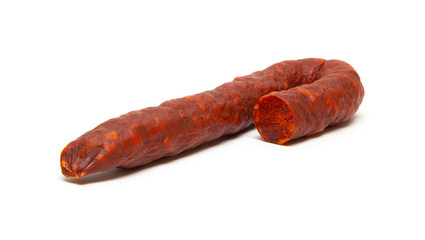Spanish chorizo sausage on white background