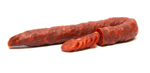 Spanish chorizo sausage on white background