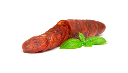 Spanish chorizo sausage on white background