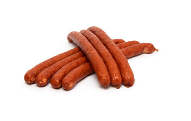 Smoked grilled thin Pork Sausages, close-up, isolated on white background