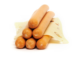 Fresh boiled chicken sausages with Maasdam cheese, isolated on white background