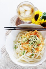 Japanese Okra and vegetable Tempura on Udon noodles