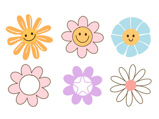 Set of retro flower cartoons isolated on white background vector. Cute childish print.