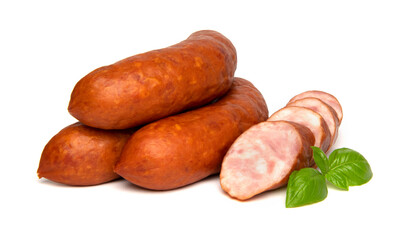 Smoked pork sausages for grill, isolated on white background