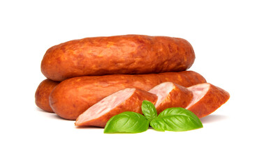 Smoked pork sausages for grill, isolated on white background