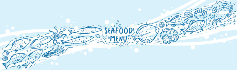 Long banner of set doodle seafood on blue background. Vector illustration. Perfect for dessert menu or food package design.