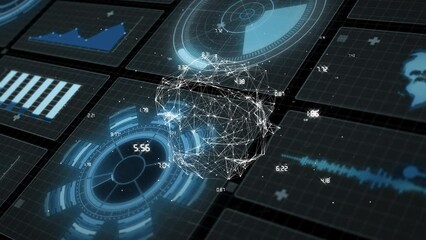 Animation of global network and processing data over scanner, graphs and charts on interfaces - Powered by Adobe