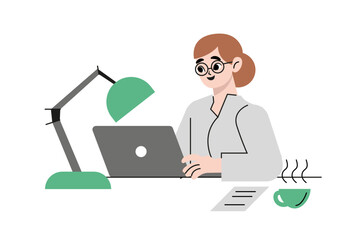 Female advisor with a laptop. Flat drawn style vector design illustration