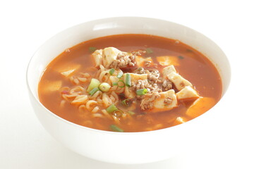 Fusion food, Chinese mapo tofu and ramen noodles in white bowl