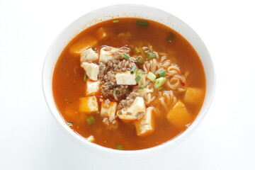 Fusion food, Chinese mapo tofu and ramen noodles in white bowl