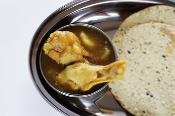 Chicken curry and pancake with copy space