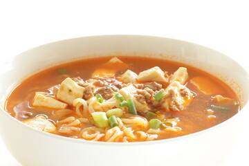 Fusion food, Chinese mapo tofu and ramen noodles in white bowl