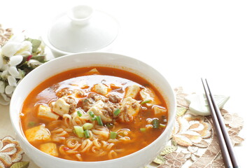 Fusion food, Chinese mapo tofu and ramen noodles in white bowl