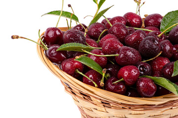 Ripe cherry in drops of water, in a wicker basket, isolated on a white background, close-up