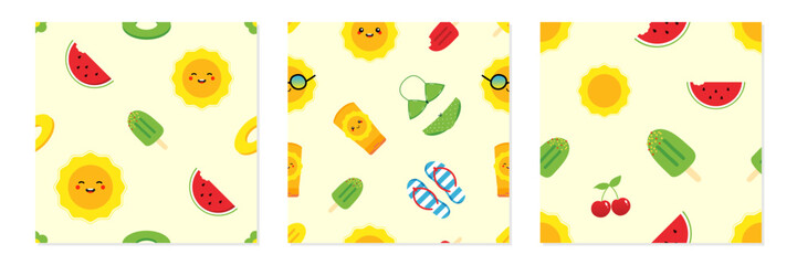 Set, collection of three vector seamless pattern backgrounds for summer, holidays, vacation design.