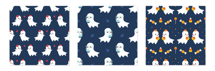 Set, collection of three vector seamless pattern backgrounds for  Halloween design with cute cartoon style ghost characters.