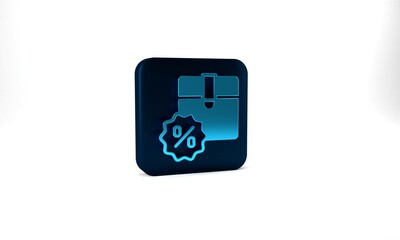 Blue Carton cardboard box with discount percent tag icon isolated on grey background. Box, package, parcel sign. Delivery and packaging. Blue square button. 3d illustration 3D render