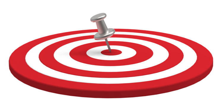 Silver thumbtack placed in the target isolated on transparent background. Business target concept.3D render.