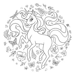 Cute unicorn surrounded with flowers and butterflies. Cartoon vector illustration for coloring.