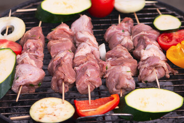 raw pork neck meat is cooked on the grill with vegetables in nature in summer