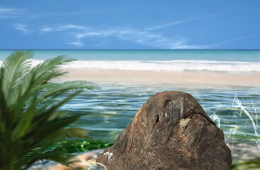 emerald green sea water  and splash big stone rock palm tree leaves , white sand beach and blue sky tropical  nature landscape defocus  background