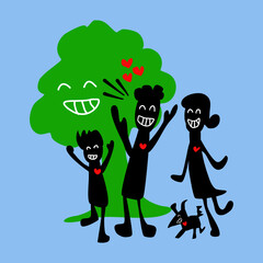 Naklejka premium Vector doodle graphic of a family living happily with nature. Father, mother, child, dog and tree with happy red hearts.