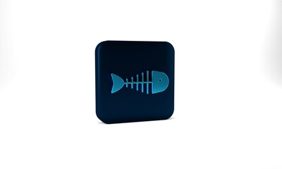 Blue Fish skeleton icon isolated on grey background. Fish bone sign. Blue square button. 3d illustration 3D render