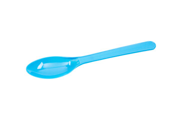 Blue plastic spoon isolated on white background.