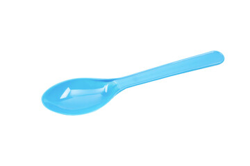Blue plastic spoon isolated on white background.