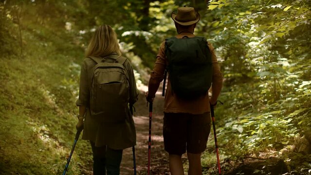 Tourist Hiker Activity In Forest With Walking Stick. Adventure Hiking Waling Stick Nordic Walk. Hiking Hiker On Mountain Forest. Nordic Hiking In Wood. Trekker Summer Forest Workout Trekking In Jungle