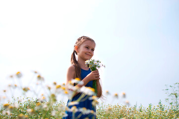 A child with daisies. A sweet little smiling girl on a chamomile field in spring, breathing in fresh air against the background of blue summer peaceful sky. The concept of dreams, freedom and travel