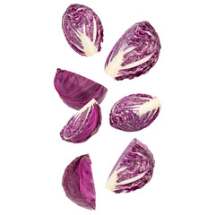 Cutted red cabbage falling mockup, Cutout.