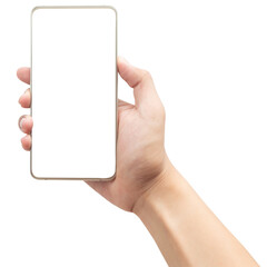 Hand holding smartphone with blank screen, Cutout.