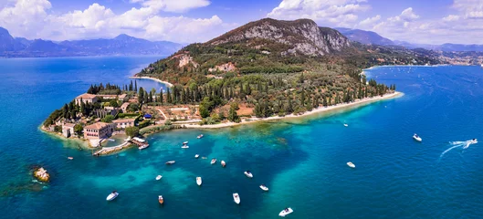 Foto auf Glas Punta San Vigilio - aerial drone view, most romantic place of Garda Lake ,Lago di Garda scenery. northern Italy © Freesurf
