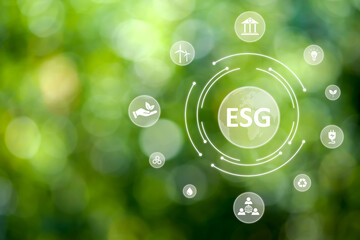 Sustainable business or green business background with ESG icon concept for environmental, social, and governance in sustainability and ethical business on the Network connection on a green background