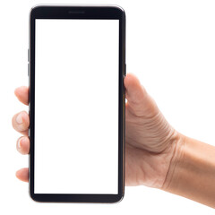 Man hand holding smartphone with blank screen, Cutout.