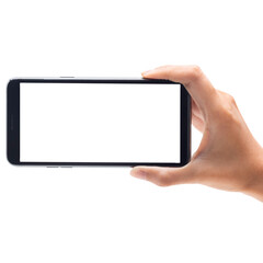 Man hand holding smartphone with blank screen, Cutout.
