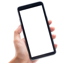 Man hand holding smartphone with blank screen, Cutout.