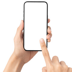 Hand using smartphone with blank screen, Cutout.