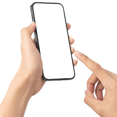 Hand using smartphone with blank screen, Cutout.