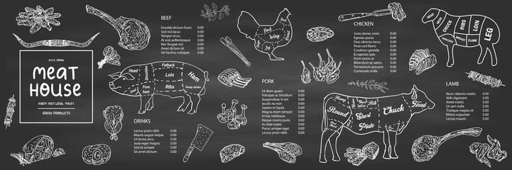 Restaurant Food Menu Design. Chicken legs, steaks, lamb ribs with vintage kitchenware kitchen utensils. Meat Fork and Butcher Cleaver and herbs knife. Sauces and ingredients for grilling. Vector. © Hakan Kaçar