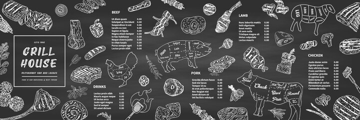 Restaurant Food Menu Design. Chicken legs, steaks, lamb ribs with vintage kitchenware kitchen utensils. Meat Fork and Butcher Cleaver and herbs knife. Sauces and ingredients for grilling. Vector. © Hakan Kaçar