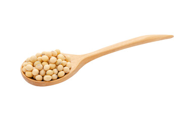 Soybeans in wood spoon isolated on white background with clipping path
