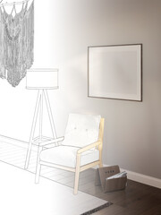 A sketch becomes a room with a blank horizontal poster and macrame on a beige wall, a newspaper stand near an armchair with white cushions and floor lamp with rattan shade, rug on the floor. 3d render