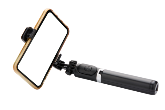 Selfie stick with smart phone isolated on white background. clipping path . - Powered by Adobe