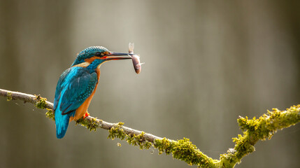 Eurasian Kingfisher, common kingfisher scientific name Alcedo atthis  on a mossy branch with a small fish in its beak.