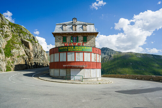 Furka Pass, Switzerland. 14. August 2021. Historic, closed mountain hotel - Belweder Palace on the furka pass route in the Swiss Alps.
