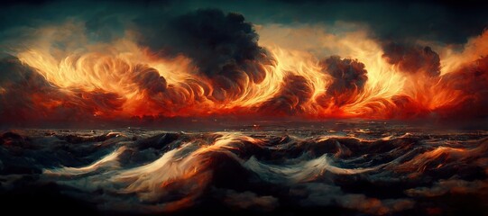 Dramatic fiery Armageddon seascape, impossibly turbulent surreal hurricane storm clouds and unreal burning sunset horizon. Gloomy overcast post apocalyptic climate disaster, digital painting.