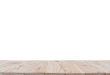 Empty wooden board table top isolated on white background with clipping path and copy space for display or montage your products