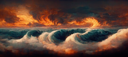 Fototapeta na wymiar Dramatic fiery Armageddon seascape, impossibly turbulent surreal hurricane storm clouds and unreal burning sunset horizon. Gloomy overcast post apocalyptic climate disaster, digital painting.